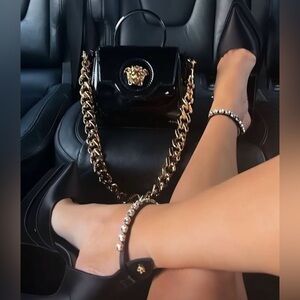 VERSACE 160MM La Medusa Platform Point Toe Mary Jane Satin **TEAL BLUE**